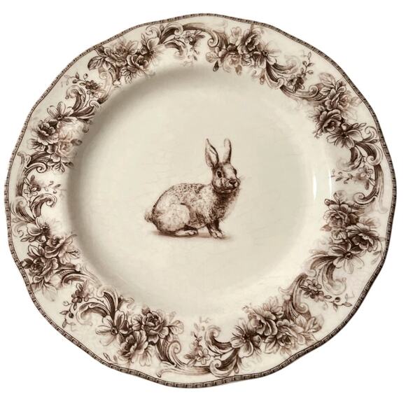 222 Fifth ARABELLA Brown & White Bunny Dinner Plates 12in Set of 4 New - Picture 1 of 10